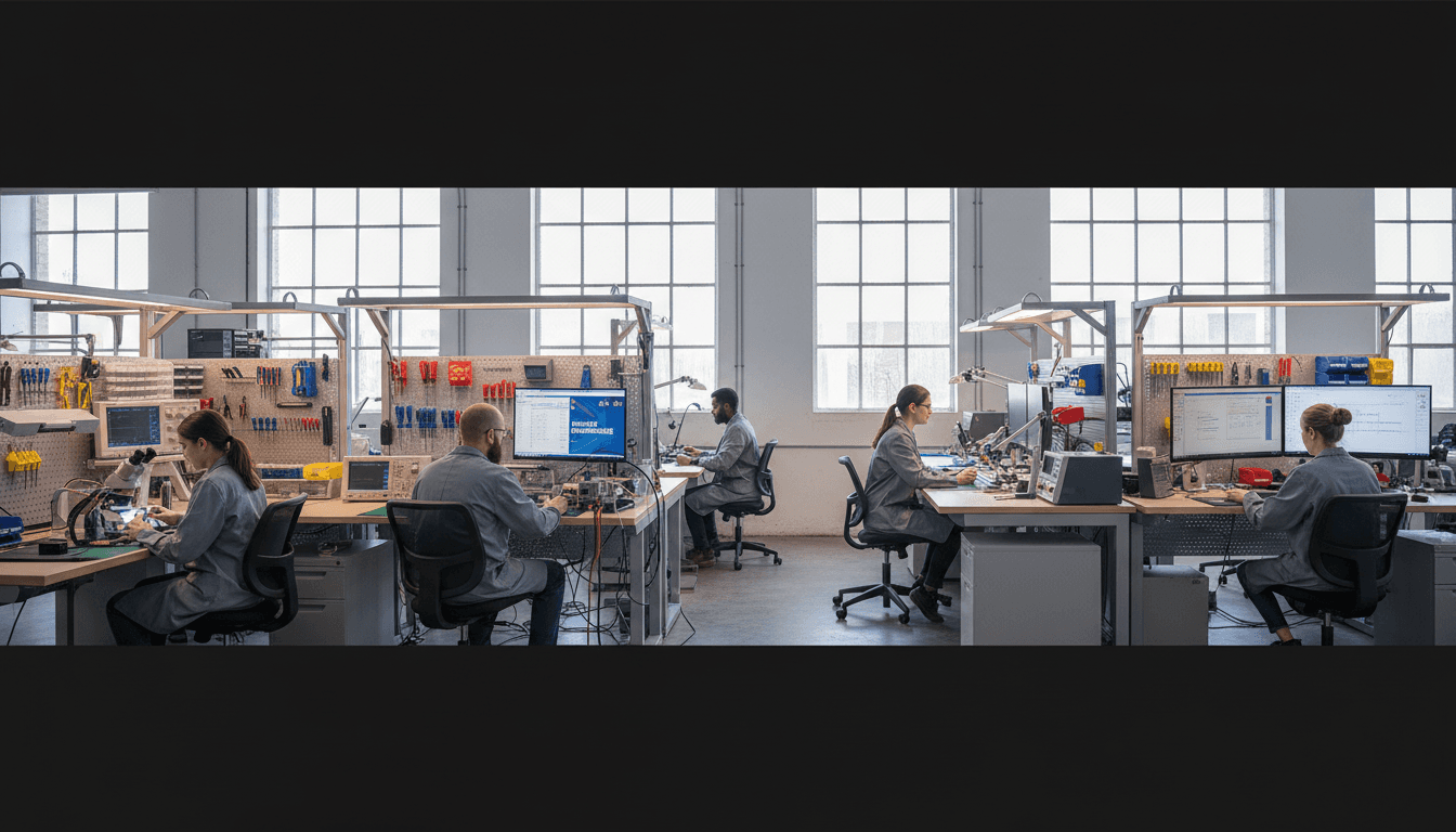 Modern electronics repair workshop with multiple technicians working at diagnostic stations and testing equipment
