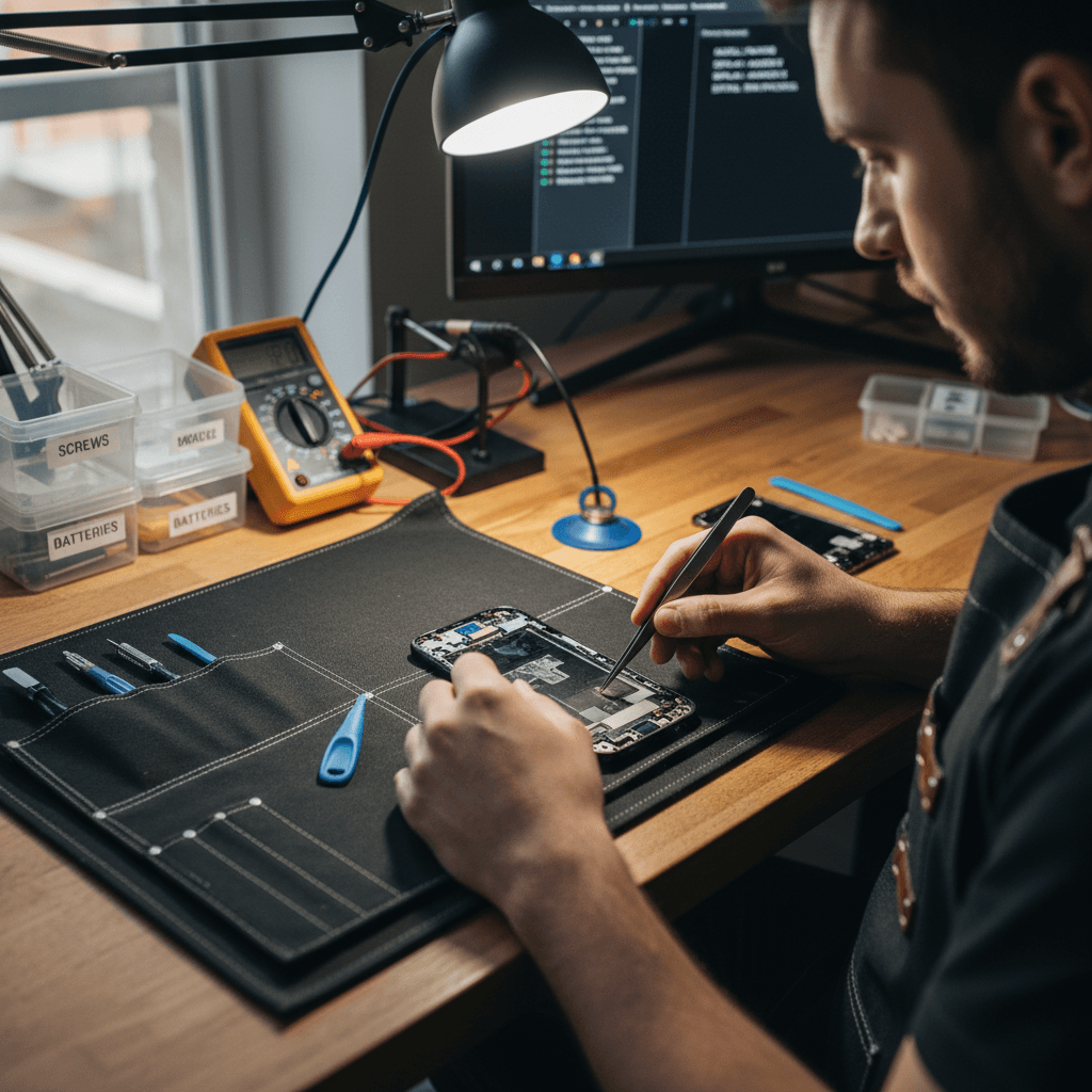 Technician hands carefully replacing cracked smartphone display using specialized tools on organized workbench with task lighting